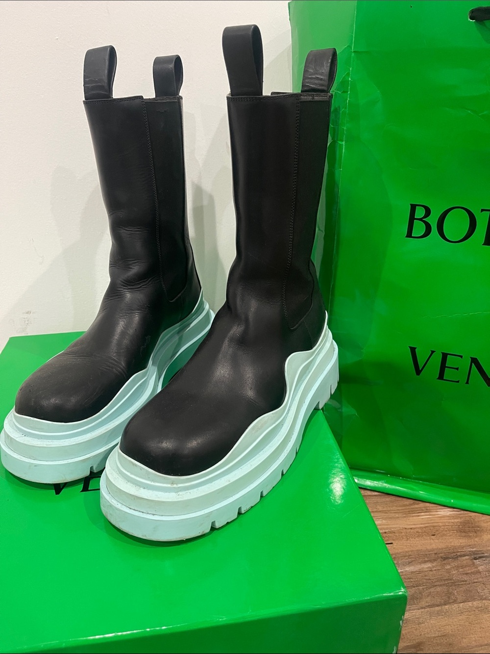 Bottega Veneta Black Leather Lace-Up Platform Boots with Mint Sole